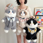 Grey Adorable Plush Cat Backpack - Soft Furry Doll Bag with Zipper Compartment