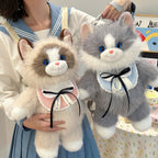 Grey Adorable Plush Cat Backpack - Soft Furry Doll Bag with Zipper Compartment
