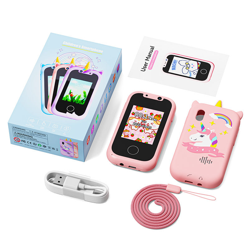 Kids Unicorn Smart Phone Toy with Dual Camera and IPS Touch Screen Educational Games MP3 Music Player 512MB Card Included Blue Silicone Case Ideal Gift