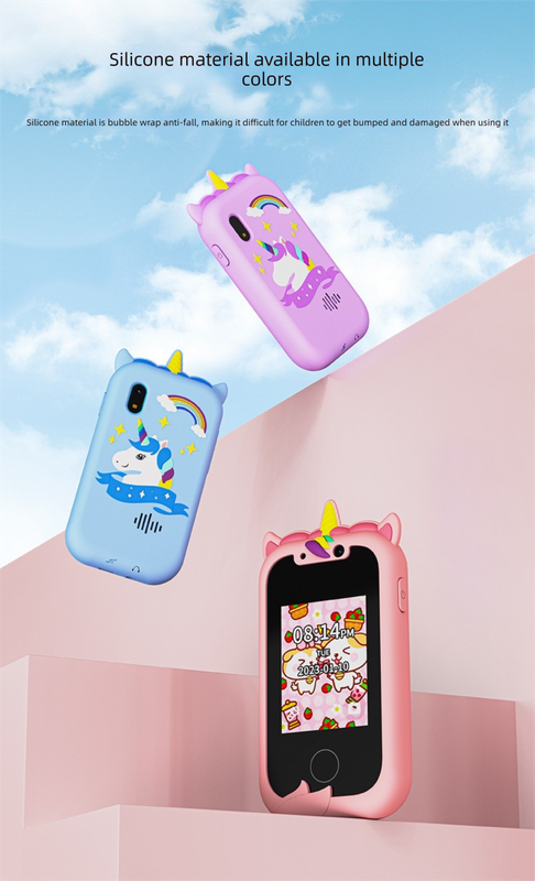 Kids Unicorn Smart Phone Toy with Dual Camera and IPS Touch Screen Educational Games MP3 Music Player 512MB Card Included Blue Silicone Case Ideal Gift