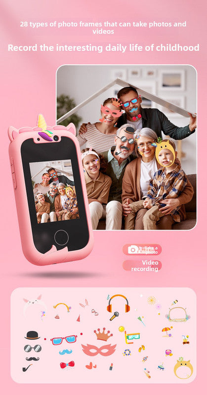 Kids Unicorn Smart Phone Toy with Dual Camera and IPS Touch Screen Educational Games MP3 Music Player 512MB Card Included Blue Silicone Case Ideal Gift