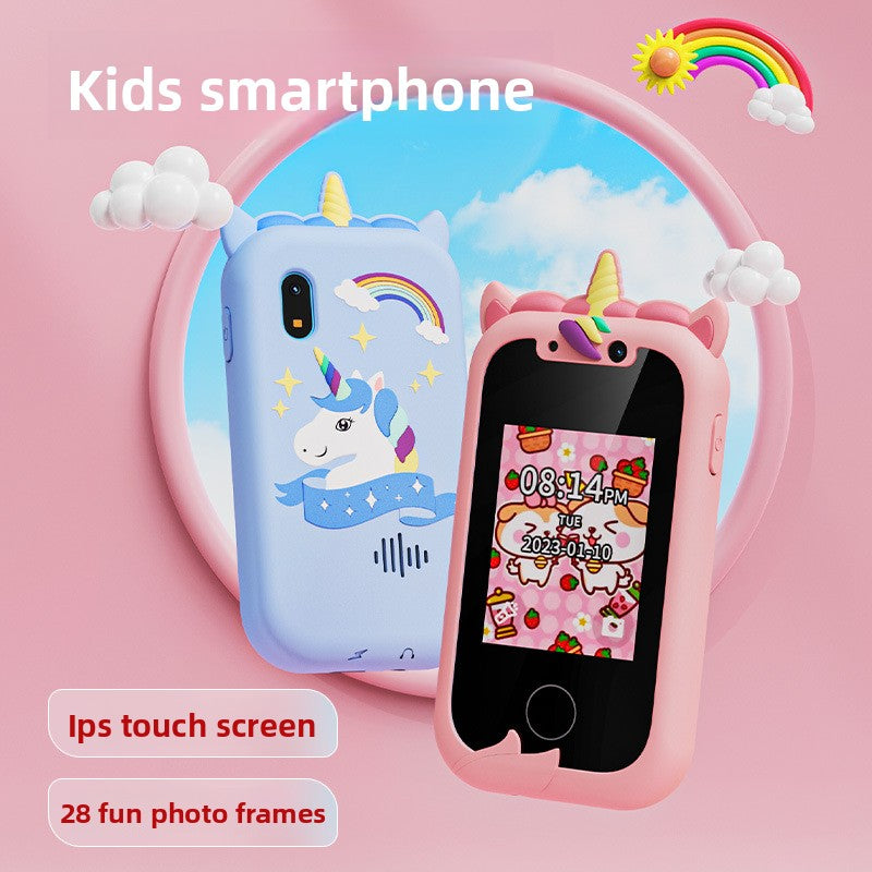 Kids Unicorn Smart Phone Toy with Dual Camera and IPS Touch Screen Educational Games MP3 Music Player 512MB Card Included Blue Silicone Case Ideal Gift
