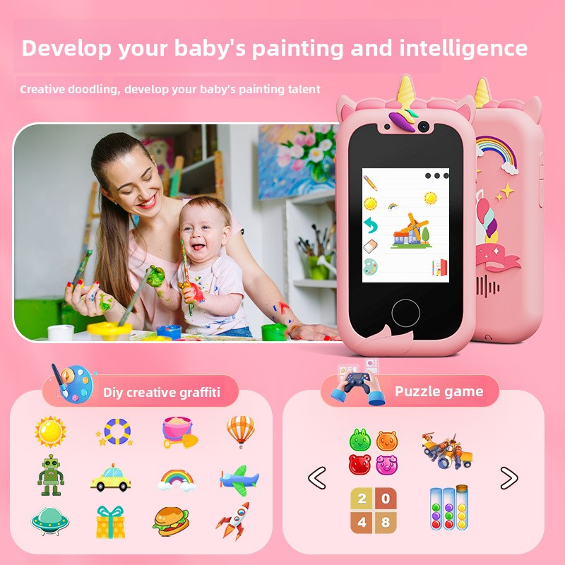 Kids Unicorn Smart Phone Toy with Dual Camera and IPS Touch Screen Educational Games MP3 Music Player 512MB Card Included Blue Silicone Case Ideal Gift