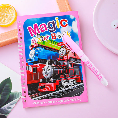 2 PCS Magic Water Colouring Book Reusable Mess Free Painting Set Underwater Ocean and Train Themes with Refillable Water Pens for Kids Travel Activity