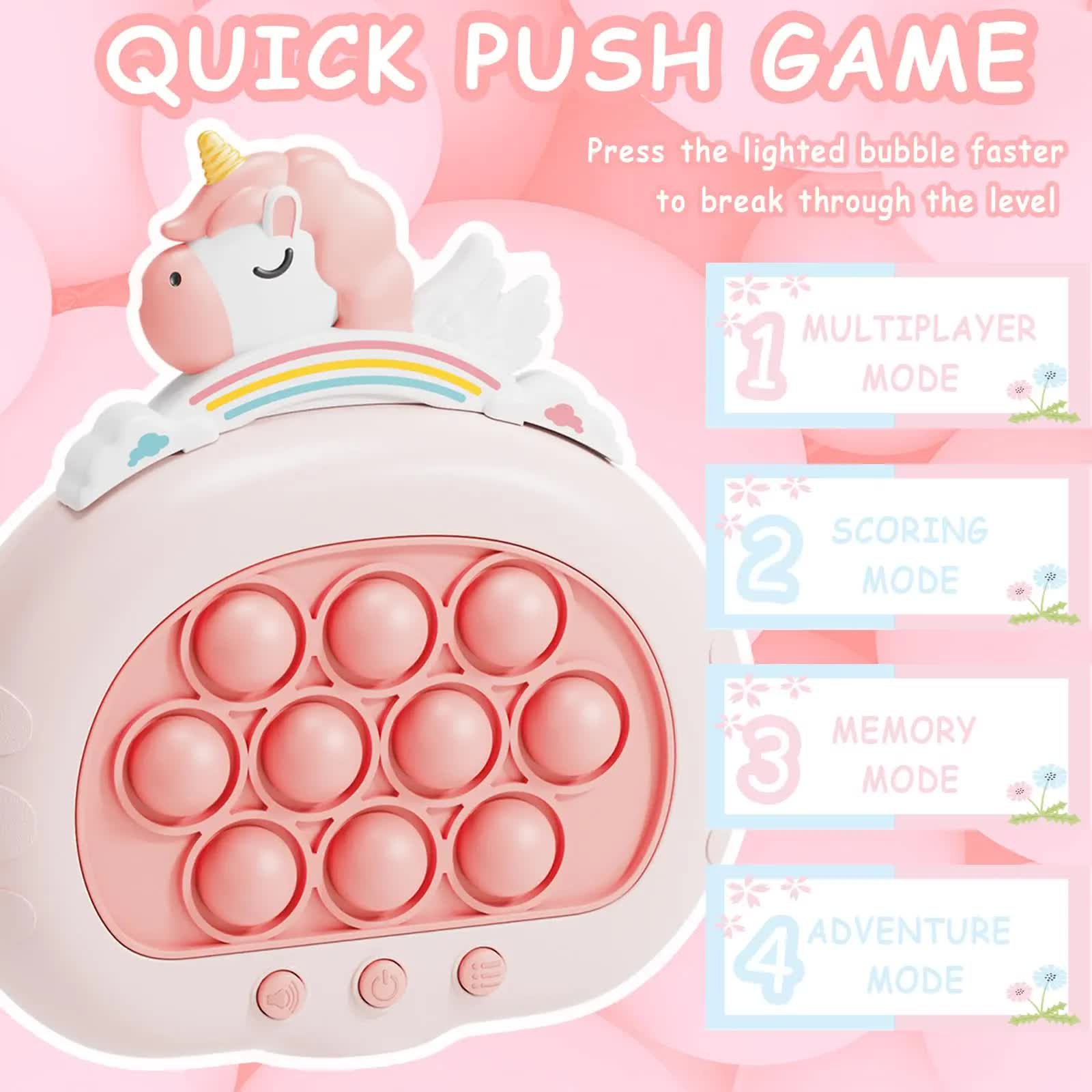 Electronic Fast Push Pop Game - Pink Unicorn Fidget Console with Lights & Sound - 4 Modes Memory & Speed Challenge - Interactive Sensory Toy for Kids 3+ & Travel