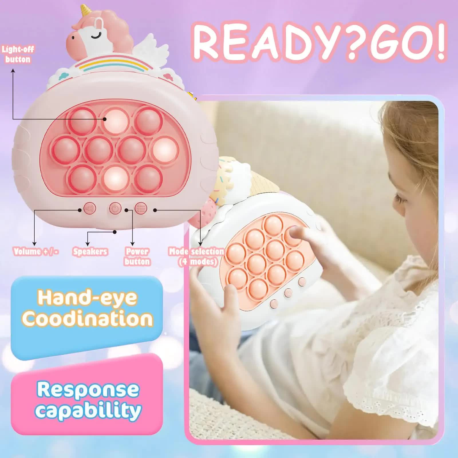 Electronic Fast Push Pop Game - Pink Unicorn Fidget Console with Lights & Sound - 4 Modes Memory & Speed Challenge - Interactive Sensory Toy for Kids 3+ & Travel
