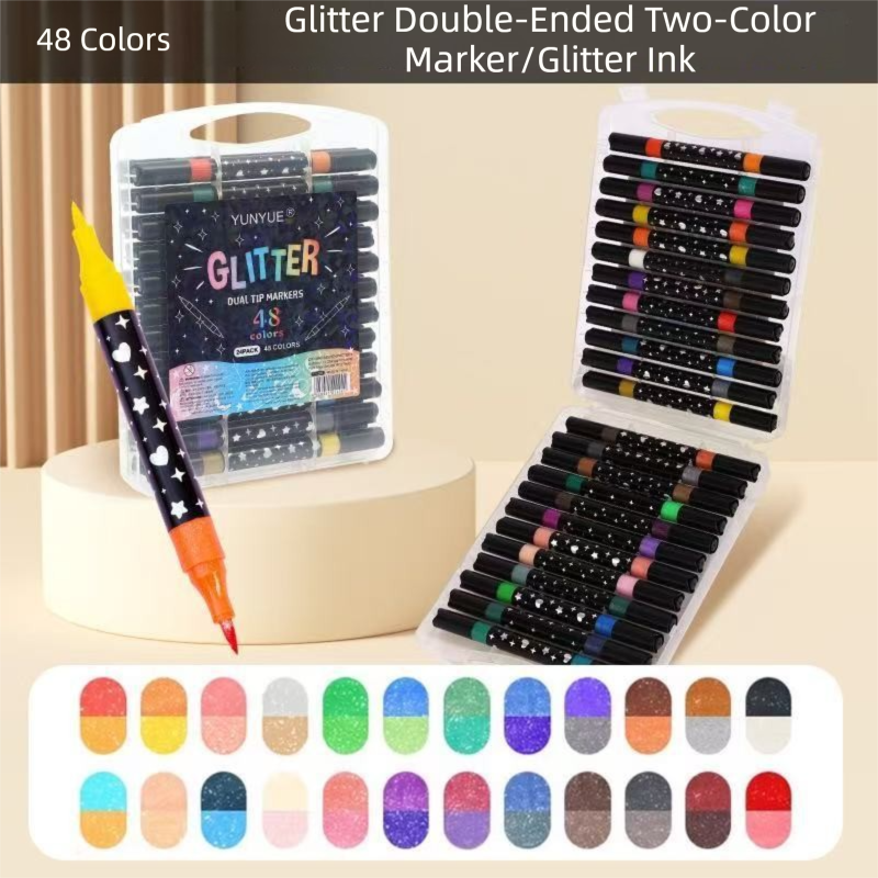 24 Pack Dual-Tip Glitter Flash Marker Pens - 48 Color Soft Brush & Fine Tip Set, Watercolor Drawing Stationery for Art & Craft