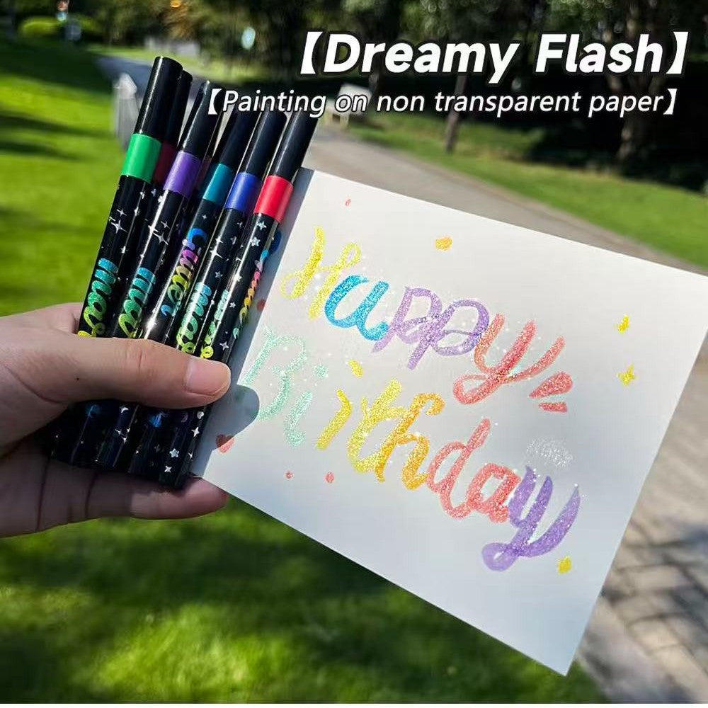 24 Pack Dual-Tip Glitter Flash Marker Pens - 48 Color Soft Brush & Fine Tip Set, Watercolor Drawing Stationery for Art & Craft