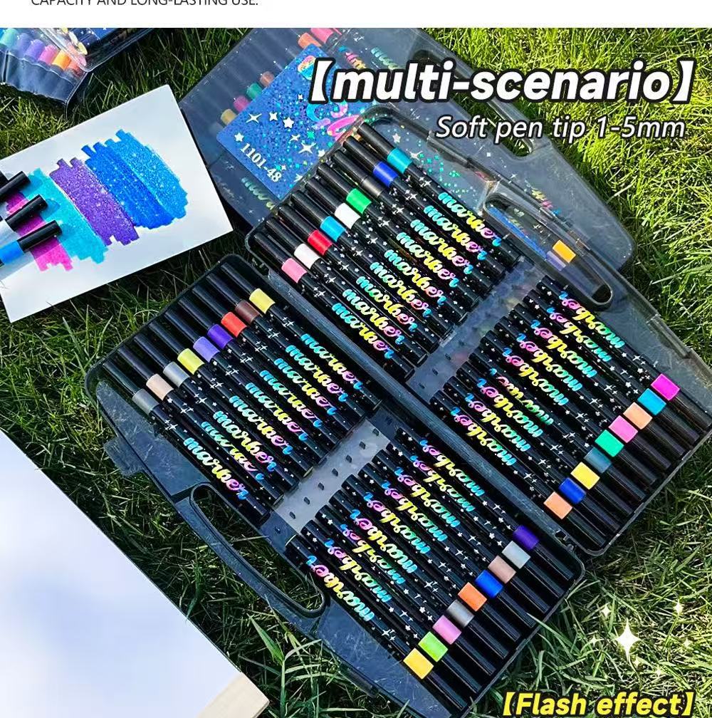 24 Pack Dual-Tip Glitter Flash Marker Pens - 48 Color Soft Brush & Fine Tip Set, Watercolor Drawing Stationery for Art & Craft