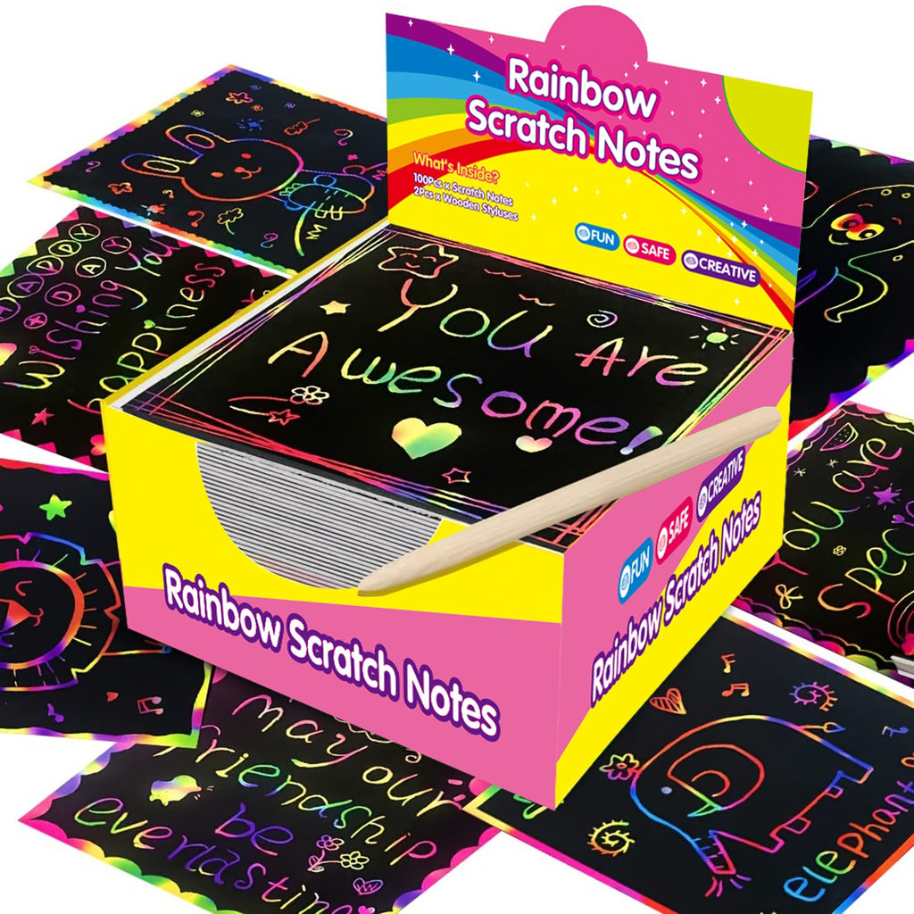 Red Rainbow Scratch Art Paper Notes 200 Sheets 2 Pack with Wooden Styluses for Kids DIY Drawing Mess-Free Creative Toy for Local Home and School Activities