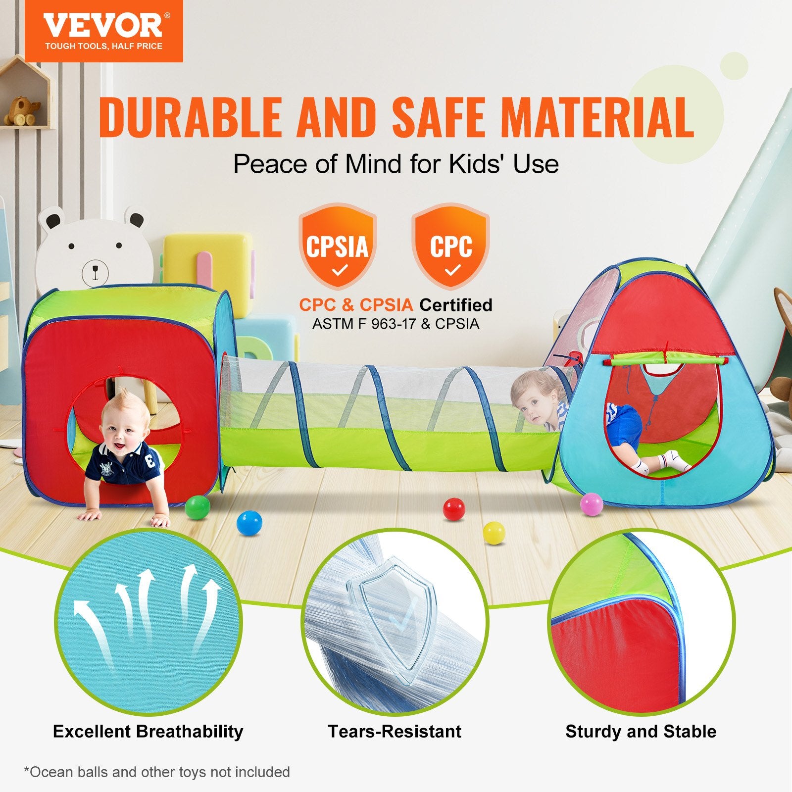 VEVOR 3 in 1 Kids Play Tent with Tunnel for Boys, Girls, Babies and Toddlers, Indoor/Outdoor Pop Up Playhouse with Carrying Bag & Banding Straps as Birthday Gifts, Red/Yellow/Blue Multicolor