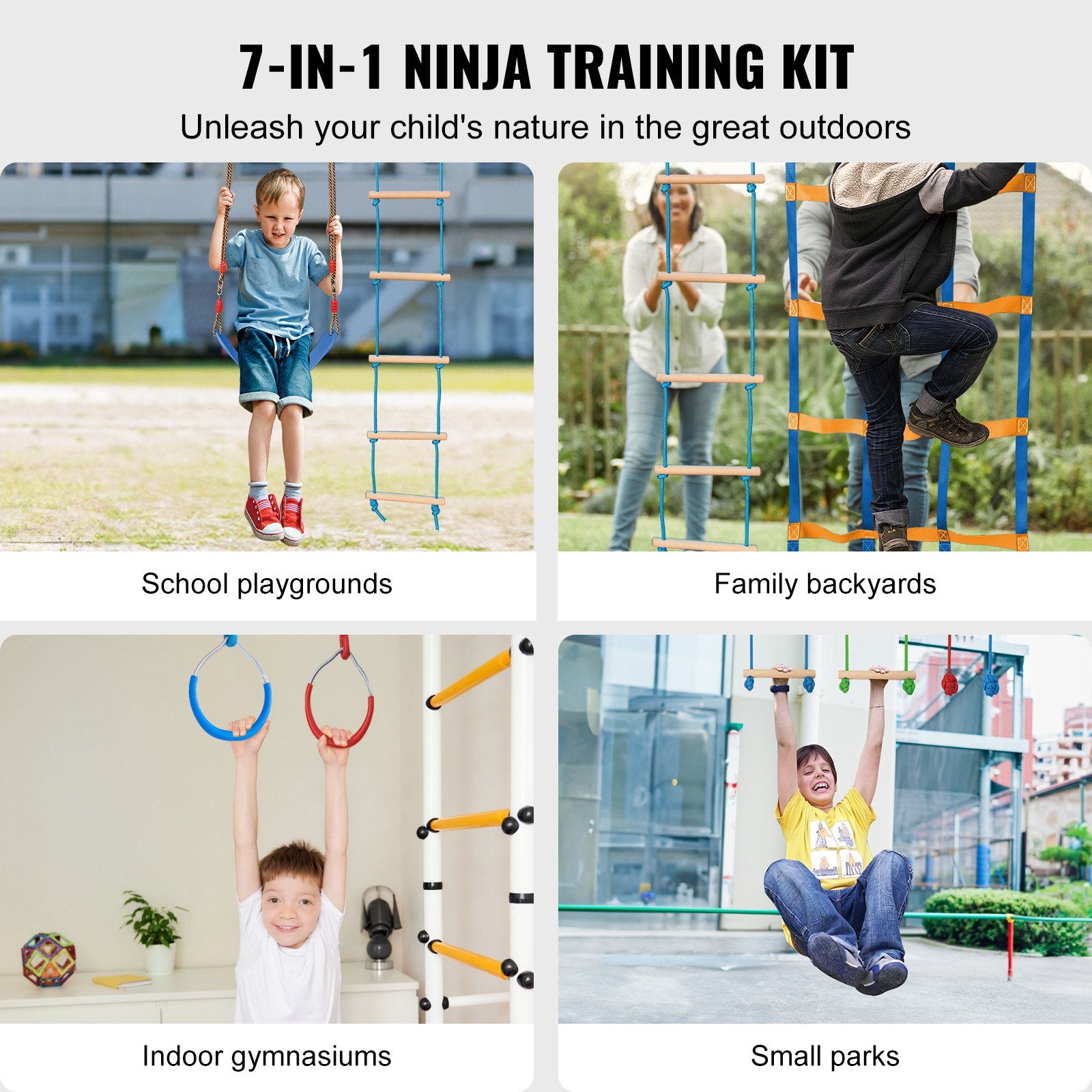 VEVOR Ninja Warrior Obstacle Course for Kids, 2 x 17m Weatherproof Slacklines, 227kg Weight Capacity Monkey Line, Outdoor Playset Equipment, Backyard Toys Training Equipment Set with 12 Obstacles