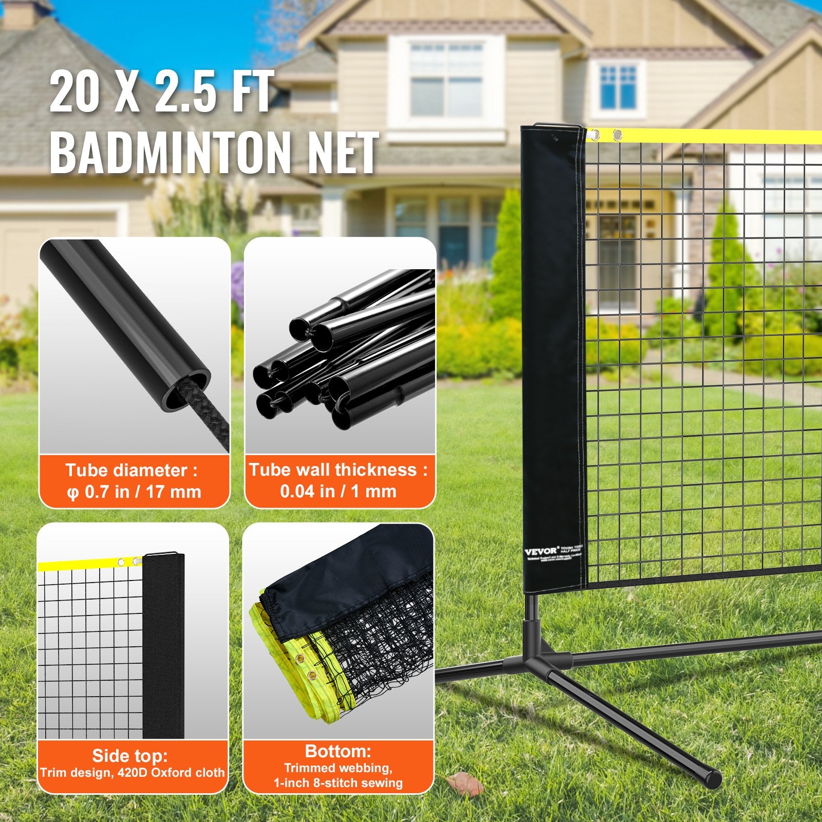 VEVOR 6.09m/20ft Badminton Net Set Outdoor Portable Volleyball Pickleball Tennis Net