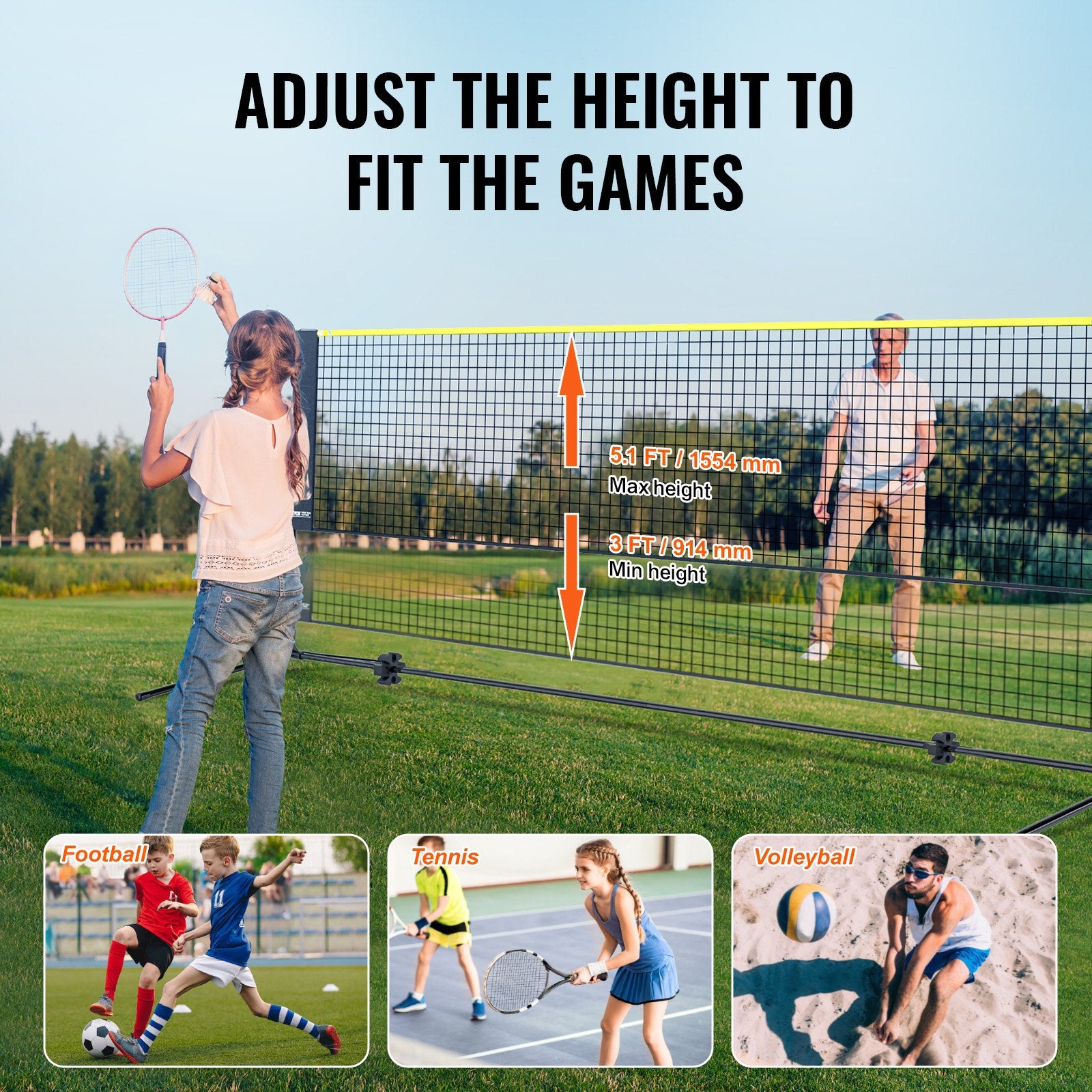 VEVOR 6.09m/20ft Badminton Net Set Outdoor Portable Volleyball Pickleball Tennis Net